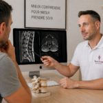 ostéopathe Lausanne expliquant IRM dos à un patient en consultation pour douleur lombaire