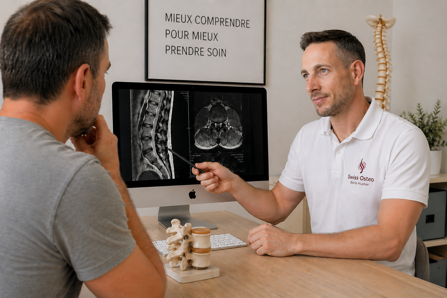 ostéopathe Lausanne expliquant IRM dos à un patient en consultation pour douleur lombaire